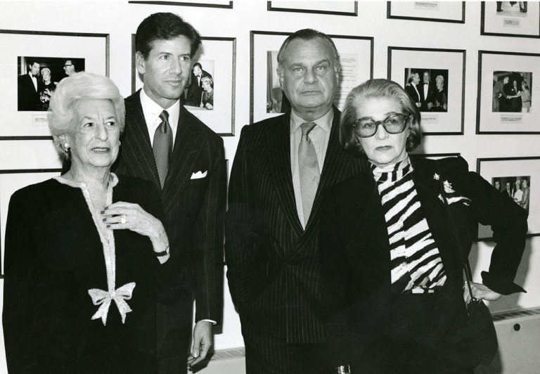 Mildred Custin, president of Bonwit Teller, with Calvin Klein, Bill Blass, and Pauline Trigère.