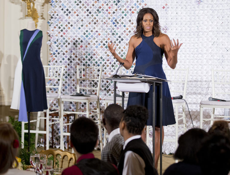 First lady Michelle Obama speaks at the Fashion Education Workshop, Wednesday, Oct. 8, 2014, in the East Room of the White House in Washington. (AP Photo/Manuel Balce Ceneta)